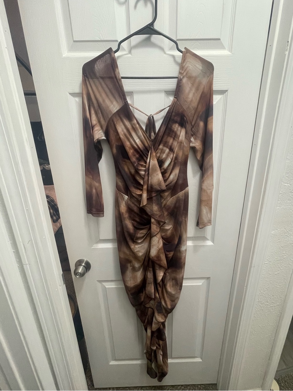 Ruched V-Neck Long Sleeve Brown & Beige Midi Dress